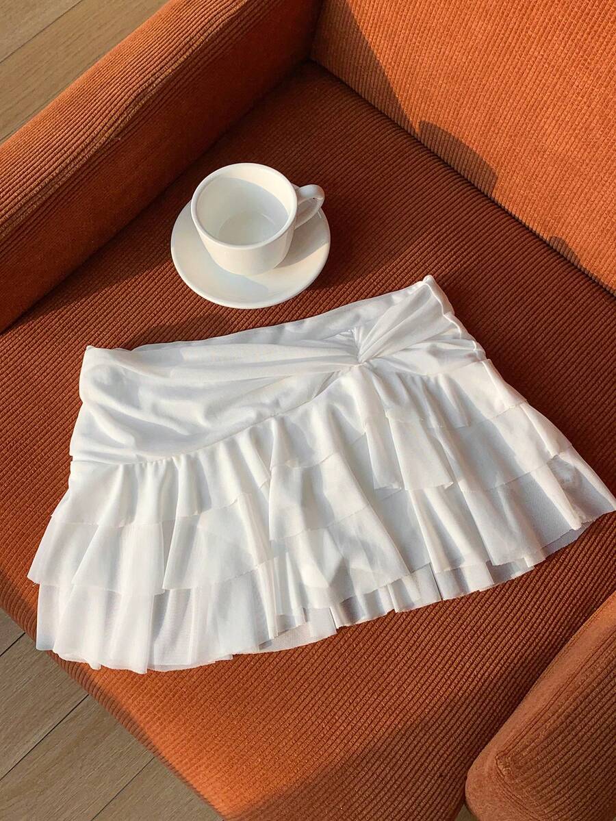 SHEIN EZwear Falda de corte asimétrico con cintura fruncida - Blanco - Ver 1