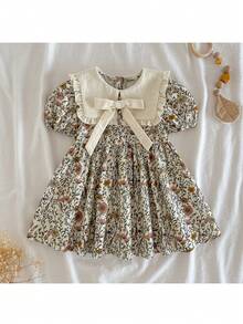 Loomiva Baby Girl Floral Print Color Block Puff Sleeve Cinched Waist Dress, Versatile & Comfortable - Multicolor - View 5