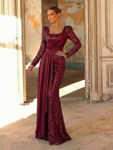 Aureia Vải sequin màu đỏ rượu vang thanh lịch, lãng mạn, trang nhã, sang trọng, phối satin, xếp ly, thích hợp cho các dịp lễ, kỳ nghỉ, tiệc sinh nhật, đám cưới, tiệc tối trang trọng. - Màu Đỏ Sâu - Xem 2