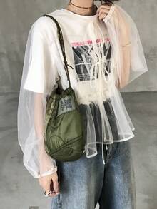 FRIFUL Áo kiểu nữ tay dài, dáng rộng, thắt nơ phía trước, chất liệu lưới xuyên thấu. - trắng - Xem 2