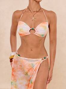 Lumalex 花卉印花彩色串珠配饰长裙，时尚性感露背吊带沙滩比基尼三件套 - 彩色 - 查看 3