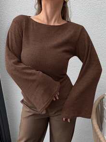 Jeta Ari 标准尺码女式宽松花卉印花针织上衣，宽领口，落肩，喇叭袖，腰部褶饰，秋冬 - 棕色 - 查看 3