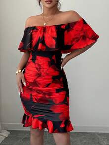 Selianne Tropical Print Off Shoulder Ruffle Trim Ruched Bodycon Dress Vacation Beach Outfits Women - Multicolor - View 4