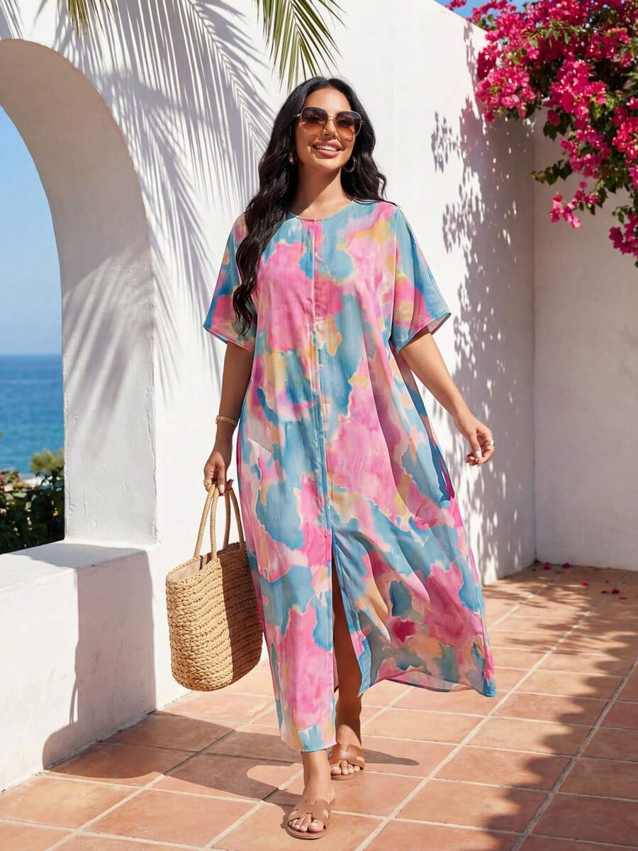 SHEIN Lady Women's Tie Dye Print V-Neck Batwing Short Sleeve Casual Dress,Summer Dresses For Women Holiday Vacation Beach Vacation Outfits For Women Spring Summer Vacation Outfits For Women Beach Outfit For Women Vacation Beach Outfit  Beach Outfit For Women Beach Outfit For Women Beach Summer Outfit For Women Casual Sets For Women Summer Clothes Summer Summer Outfit For Women - Multicolor - View 1