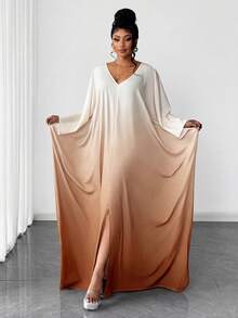 Maweii Plus Size Women's Elegant Romantic Luxurious Party Ombre V-Neck Loose Long Dress, Autumn/Winter - Brown - View 3