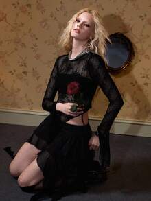 ROMWE Sexy Lace Sheer Hem Backless Flare Sleeve Blouse For Women - Black - View 1