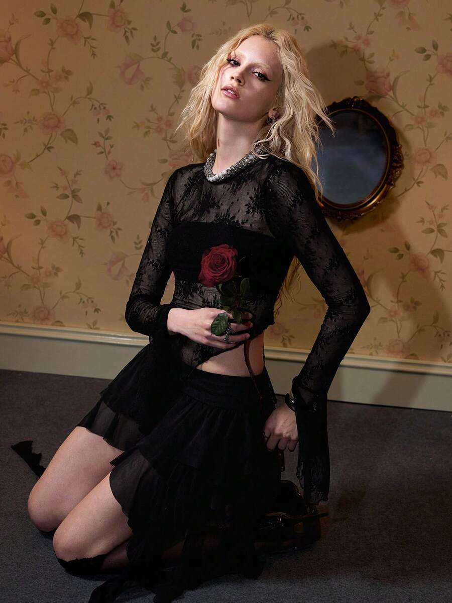 ROMWE Sexy Lace Sheer Hem Backless Flare Sleeve Blouse For Women - Black - View 1