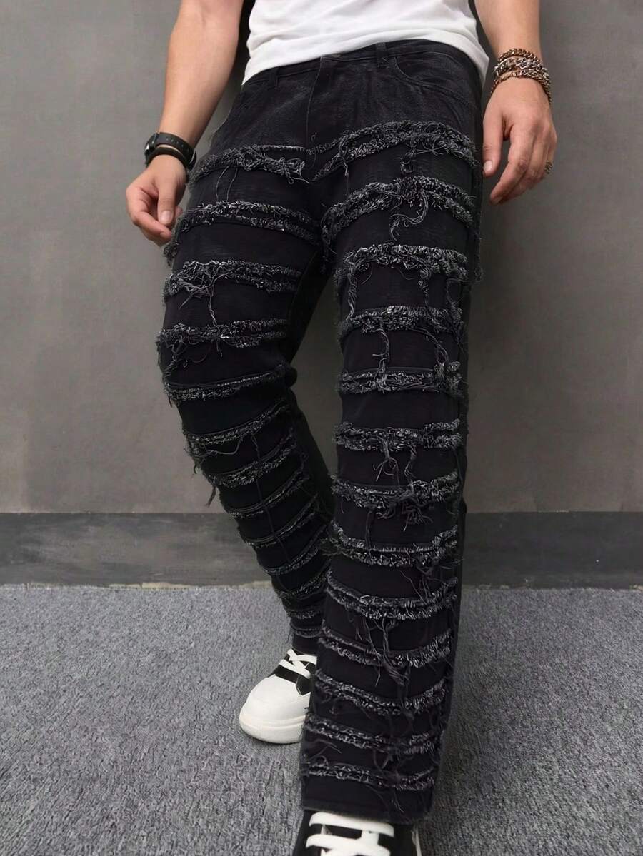 Manfinity EMRG Spring & Summer Vintage Washed Black Straight Loose Baggy Distressed Flared Wide Leg Jeans - Black - View 1