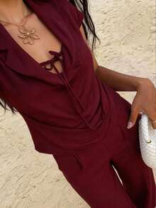 Lumalex 宽松系带低腰直筒加长款女士西装套装 - 中紫紅色 - 查看 14