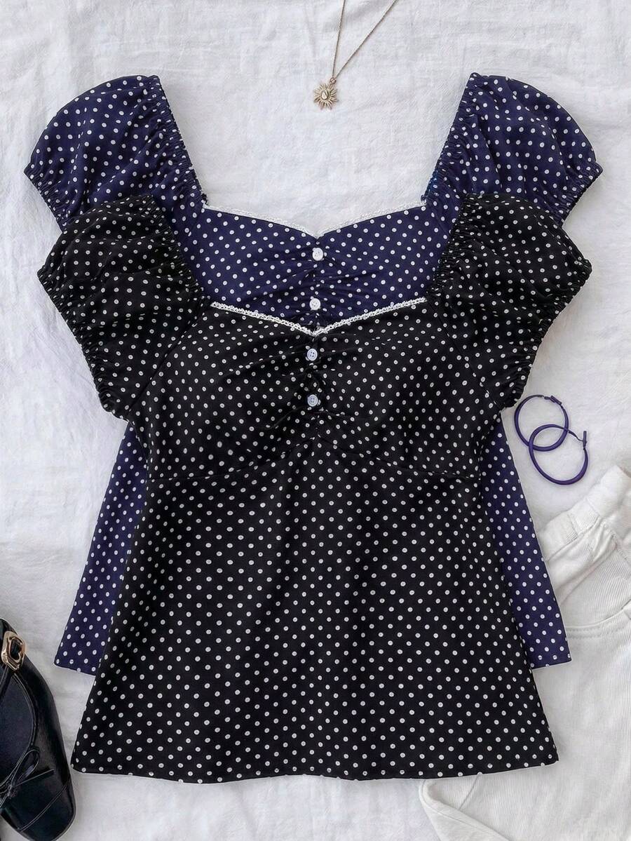 少女黑白海军蓝波点复古荷叶边A字两件套上衣,学院休闲风 - 彩色 - 查看 1