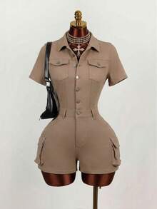 Mistrie Mono vaquero casual con botones para uso diario de mujer - Marrón - Ver 1