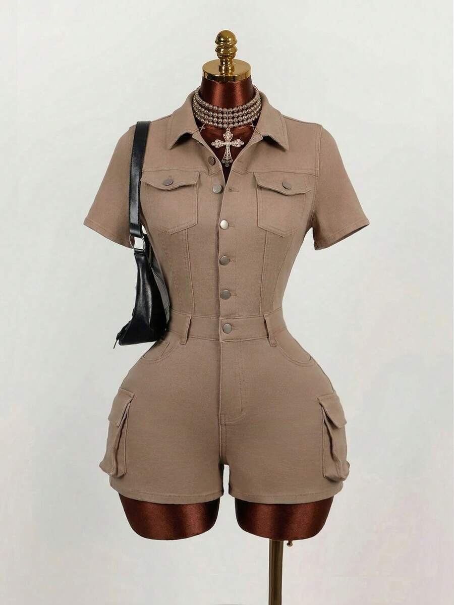 Mistrie Mono vaquero casual con botones para uso diario de mujer - Marrón - Ver 1