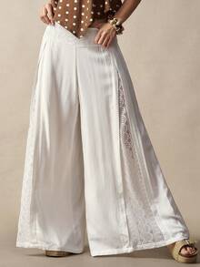 Bohemela Quần ống rộng dáng suông, chất liệu dệt kim phối ren, dành cho nữ, thích hợp mặc thường ngày. - trắng - Xem 5