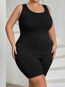 SHEIN CURVE+ 大码女士无缝塑身衣，胸部和臀部提拉 - 腹部、腰部和大腿塑形连体衣，曲线加大码，Hoho Vacation沙滩装/沙滩裙/沙滩度假装/沙滩必备/毕业典礼/下午茶派对礼服 - 黑色 - 查看 4
