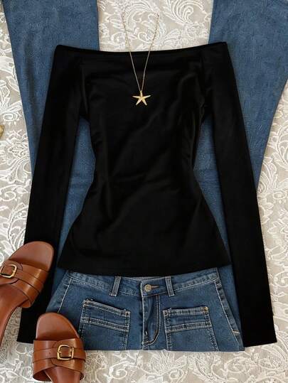 Glimmora Fashionable Minimalist Off-Shoulder Long Sleeve T-Shirt, Gift For Friends