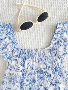 SHEIN Blusa casual de manga corta con estampado floral para niñas preadolescentes, versátil y de moda, ideal para primavera, verano, Día de la Madre y graduación - Azul y blanco - Ver 5