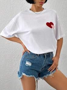 EURMUSE Camiseta feminina branca folgada com bordado de coração – Camiseta casual de manga curta em mistura de algodão, com estampa de coração vermelho, blusa oversized de verão, estilo streetwear minimalista, confortável. - Branco - Ver 6
