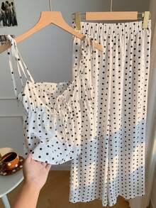 Comfortcana 大码女式休闲波点印花吊带背心和裤子两件套，可爱波点两件套，适合夏季和万圣节 - 白色 - 查看 4