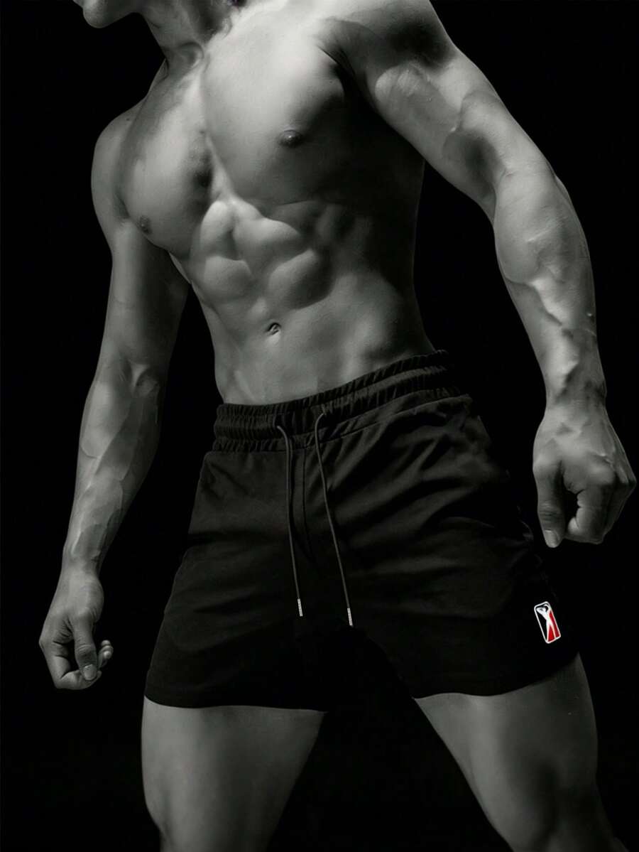 RISE LYT 男士纯色简约运动短裤，时尚休闲日常穿着 - 黑色 - 查看 1