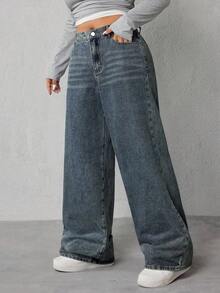 SHEIN ICON Plus Size Casual Washed Loose Wide-Leg Jeans - Dusty Blue - View 4