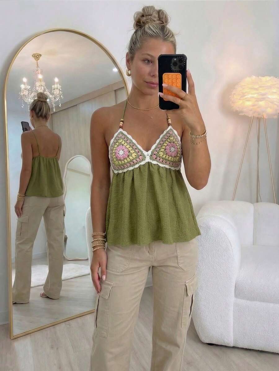 Trelyra Áo hai dây nữ kiểu dáng giản dị, lãng mạn, phong cách Bohemian, màu trơn, đính cườm, dây mảnh, cổ chữ V sâu, viền bèo nhún, hở lưng, thích hợp cho kỳ nghỉ xuân/hè. - Màu xanh Bạc hà - Xem 1