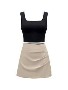 GlowEve Nuevo conjunto: Camiseta de tirantes anchos de cuello cuadrado negro + Falda plisada de línea A de cintura alta, conjunto de moda de verano para mujeres - Multicolor - Ver 3