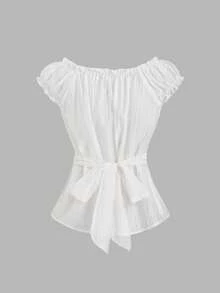 Sweetra French Retro Vertical Stripe Textured Ruffle Splice Wooden Button Puff Sleeve Women's Short Sleeve Blouse, Suitable For Spring/Summer Casual And Dating - White - View 2
