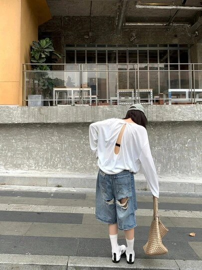 K-Vae Loose Fit Backless Long Sleeve T-Shirt, Women Round Neck Casual Oversized Pullover Top