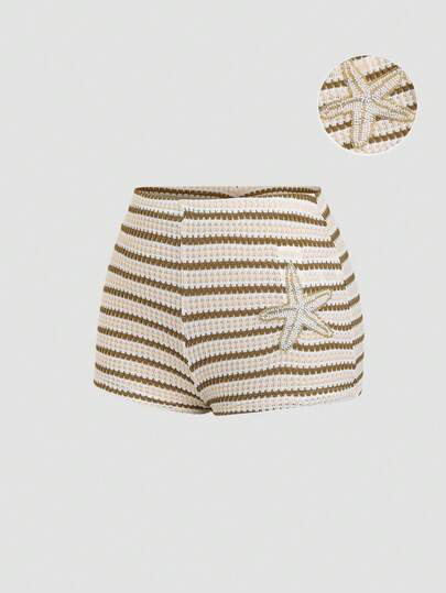 Sweetra 女士彩色海星印花低腰弹力修身性感甜美沙滩短裤，夏季度假风