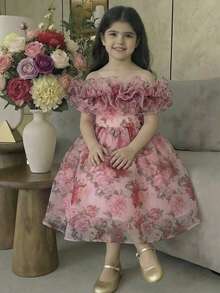 Young Girl Elegant Multi-Layered Ruffle Floral Print Mid-Length Dress - Baby Pink - View 1