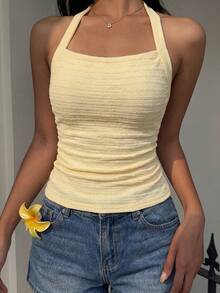 SHEIN Sparklyn 少女时尚可爱舒适波浪纹蝴蝶结吊带背心，适合外出和聚会，春夏可爱上衣，夏季露背吊带长发公主风上衣，夏季可爱女式上衣，夏季女式背心 - 黃色 - 查看 7