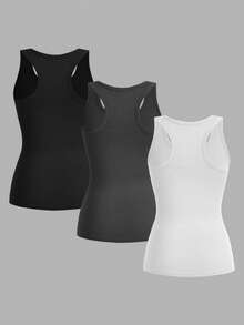 SHEIN EZwear 3件組女款露背細肩帶背心，瑜伽上衣，寬肩帶無袖運動上衣，適合夏季日間室內，白色灰色黑色休閒基礎款 - 彩色 - 查看 3
