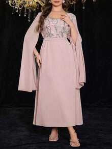 Modelyn Luxurious Embroidered Beaded Long Sleeve Plus Size Dress - Pink - View 5