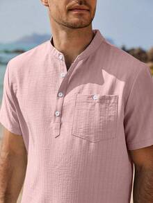 VENTUSAIL Camisa casual de manga corta unicolor para hombres, vacaciones de verano - Rosa - Ver 5