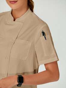 TaskEZ White Short Sleeve Chef Coat Jackets For Women Front Button Short Sleeve Pocket Minimalist - Khaki - View 4