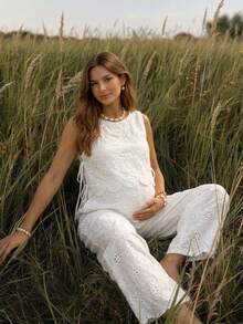 Boho Mama White Summer Boho Maternity Holiday,Women's Two Pieces Set,Embroidered Eyelet Lace Jumpsuit Romper,Baby Shower Outfit,Country Style Pregnancy Clothes - White - View 1