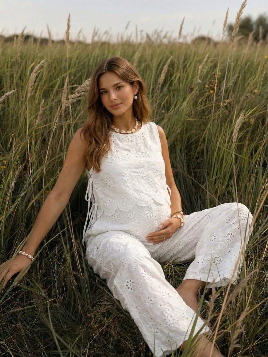 Boho Mama White Summer Boho Maternity Holiday,Women's Two Pieces Set,Embroidered Eyelet Lace Jumpsuit Romper,Baby Shower Outfit,Country Style Pregnancy Clothes - White - View 1