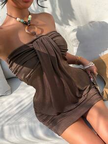 Aloruh 女士度假串珠装饰宽松上衣紧身迷你连衣裙 - 棕色 - 查看 1