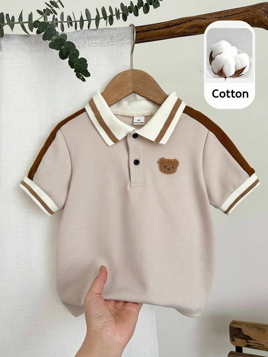 LMoss Kids Áo thun polo bé trai có cổ, cài nút nửa vạt, họa tiết gấu 3D, trang phục thường ngày, tay ngắn - Nhiều màu - Xem 1