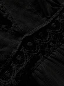 Ceyna Vestido ajustado de verano de manga corta, cuello en V, encaje calado y cintura acampanada, para mujer de talla grande, estilo minimalista y casual para viajes - Negro - Ver 7