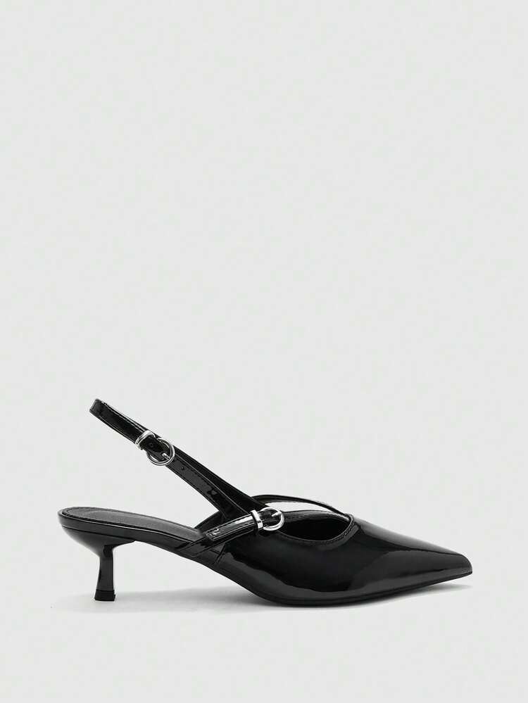 CUCCOO BIZCHIC Ladies Shoes, Double Buckle, Pointed Toe, Thin Heel 5cm Elegant Retro Style, Glossy Patent Leather, Olive Green, Slingback Shoes, Daily Commuting/Dating