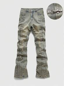 ROMWE MEN Quần jeans nam dáng casual đường phố, khóa kim loại, nhiều lớp túi xéo. - Màu xanh lam - Xem 1