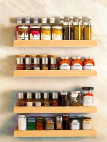 1 Spice Rack, Wall-Mounted Kitchen Storage Rack, With Wooden Guardrail And Utensil Hanger, Space-Saving Spice Storage Rack For Spice Jars, Seasonings, And Kitchen Utensils, Screw Or Self-Adhesive Installation, Practical Household Storage Shelf, Home Accessories - Multicolor - View 4