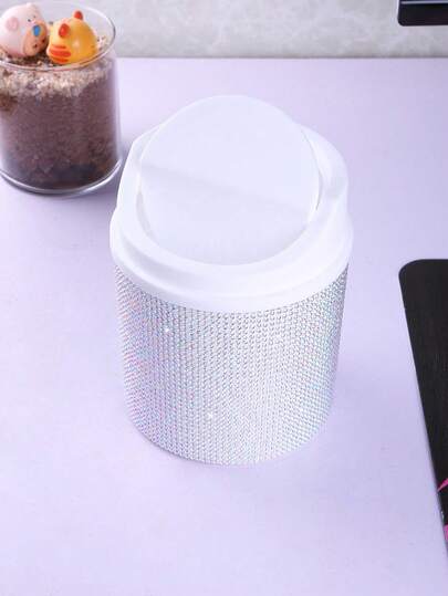 1PC Diamond-Encrusted Trash Can, Suitable For Dressing Table, Bedroom And Study, With A Rotating Lid Design For Desktop Use.