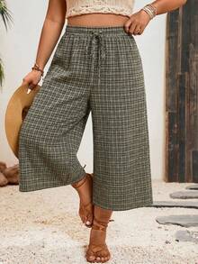 SHEIN VCAY Quần lửng kẻ caro dáng rộng dành cho nữ cỡ lớn - Màu Khaki - Xem 2