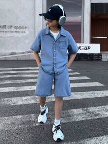 SHEIN Little Byeori 2Pcs Tween Boy Blue Denim Set,Summer Street Life Casual Graphic Street Fashion,School Back-To-School Y2k Vintage Loose Shirt And Shorts Kids Outfits - Blue - View 1
