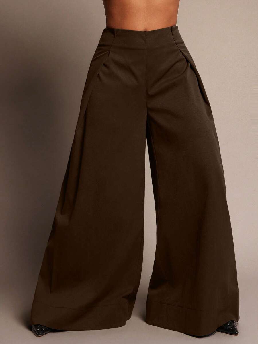 Vixey 高腰侧褶阔腿束口办公裤 - 咖啡棕 - 查看 1