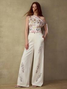 MOTF PREMIUM 女士棉质斜纹蕾丝拼接长裤，春夏款 - 白色 - 查看 6