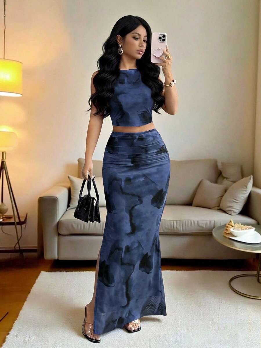 Rafferiza Women's Elegant Tie Dye Gradient Mesh Camisole Sleeveless Fitted Slit 2 Pieces Set - Navy Blue - View 1