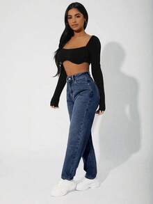 SHEIN PETITE Quần jeans cạp cao thời trang phong cách retro đa năng thường ngày thiết kế đơn giản - Màu xanh lam - Xem 3